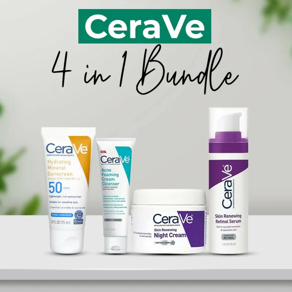 CeraVe 4-in-1 Skincare Kit, Cleanser Serum Sunblock Night Cream, Daily Skin Care