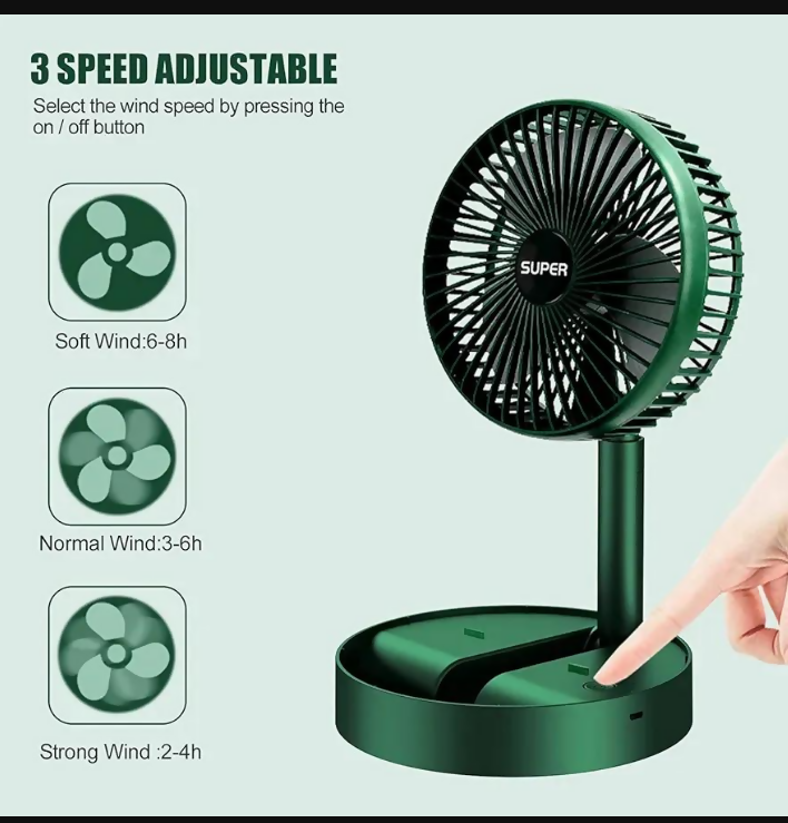 Rechargeable Green Desk Fan With Base & Foldable Design