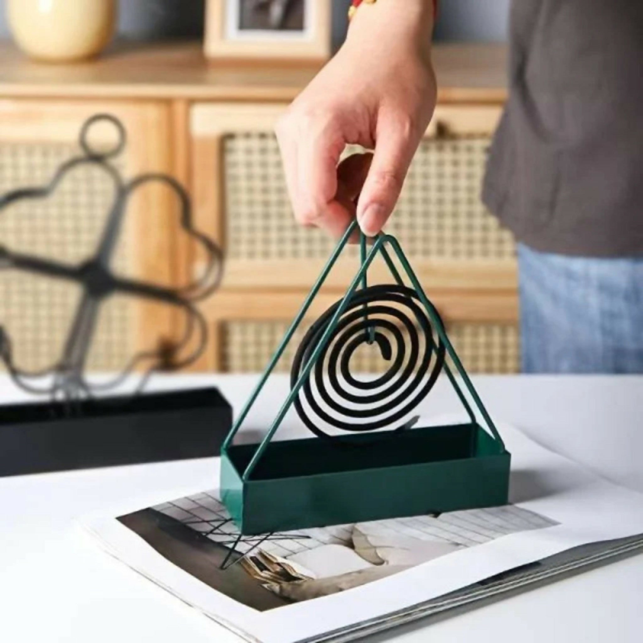 Triangle-Shaped Iron Mosquito Coil Holder | Creative Hanging & Standing Incense Burner | Durable Metal Design | Black | Pack of 1