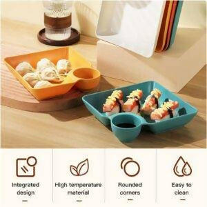 4 Pcs Snack Plate Set | Clear Plastic Dinner Plates, Condiment Containers & Serving Trays | Random Colour