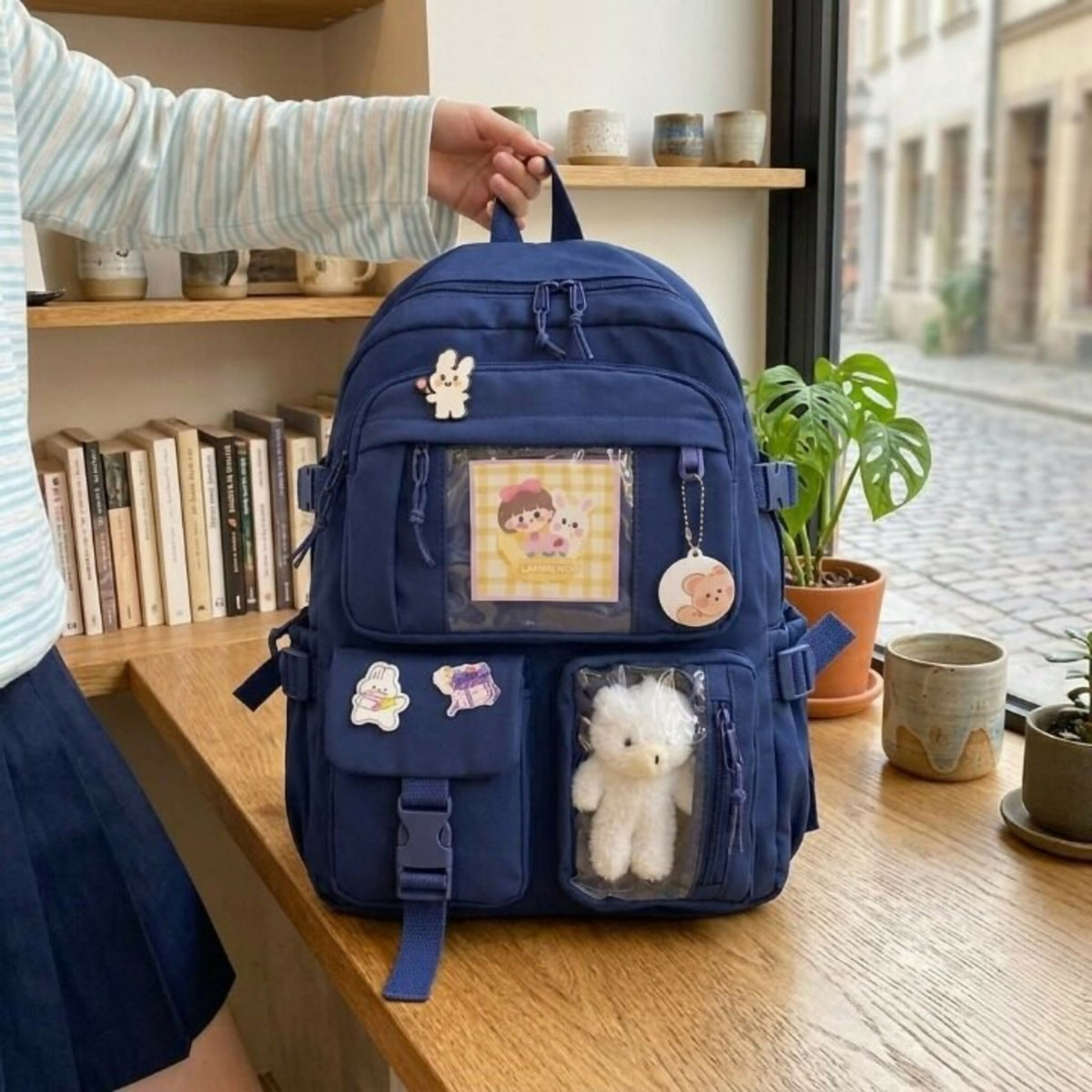 Cute Women Backpack Multi Pocket Canvas School Bag