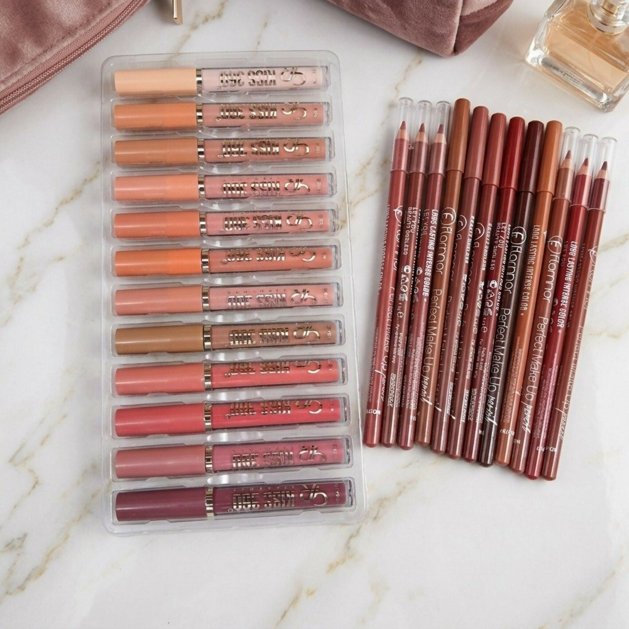 12 Pcs Lip Gloss Set + 12 Pcs Matte Lip Liner Set |