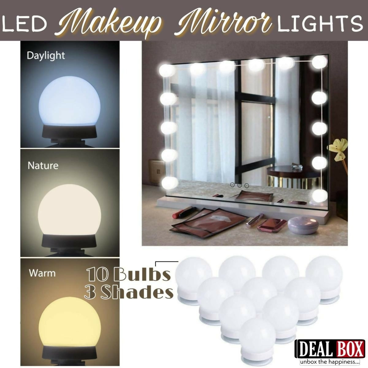 Dimmable LED Vanity Mirror Lights Kit – 10 LED Hollywood Style Bulbs for Makeup Dressing Table & Bathroom Mirror