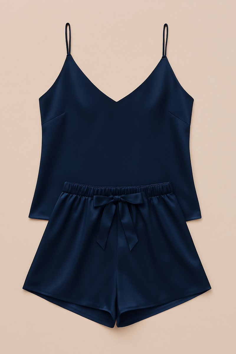 Satin Sleepwear Set Featuring A Luxe Camisole And Shorts Silky Soft, Lightweight – Free Size (Black)