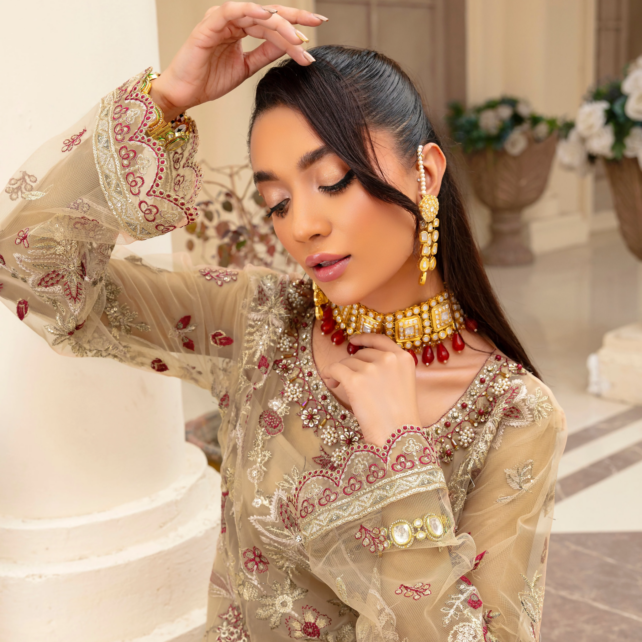 Unstitched Suit, Net Organza Embroidered & Hand-Embellished Dupatta, for Women