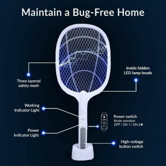 Rechargeable Mosquito Racket With Stand – Electric Insect Killer Bat For Indoor And Outdoor Use (Random Color)