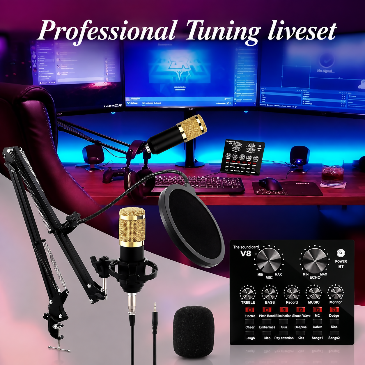 V8 Bm-800 Podcast Mic Set With Live Sound Card Condenser Microphone With Rechargeable 12 Kinds Of Auxiliary Background For Karaoke Singing Youtube Recording Mic
