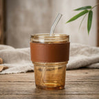 Premium Amber Glass Coffee Tumbler 400ml – Travel Mug with Leather Sleeve & Glass Straw