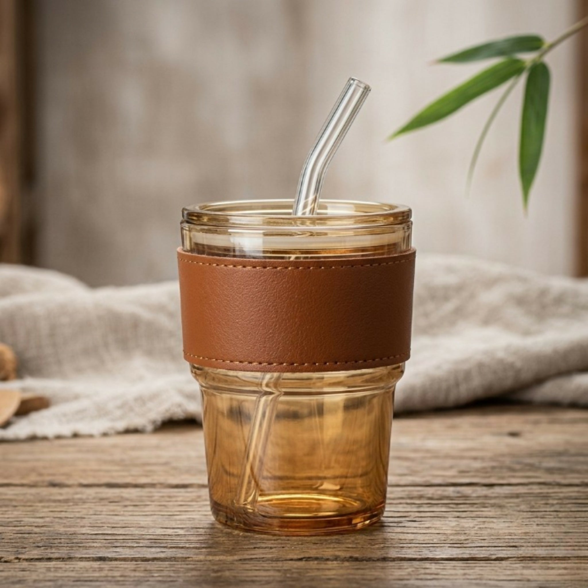 Premium Amber Glass Coffee Tumbler 400ml – Travel Mug with Leather Sleeve & Glass Straw