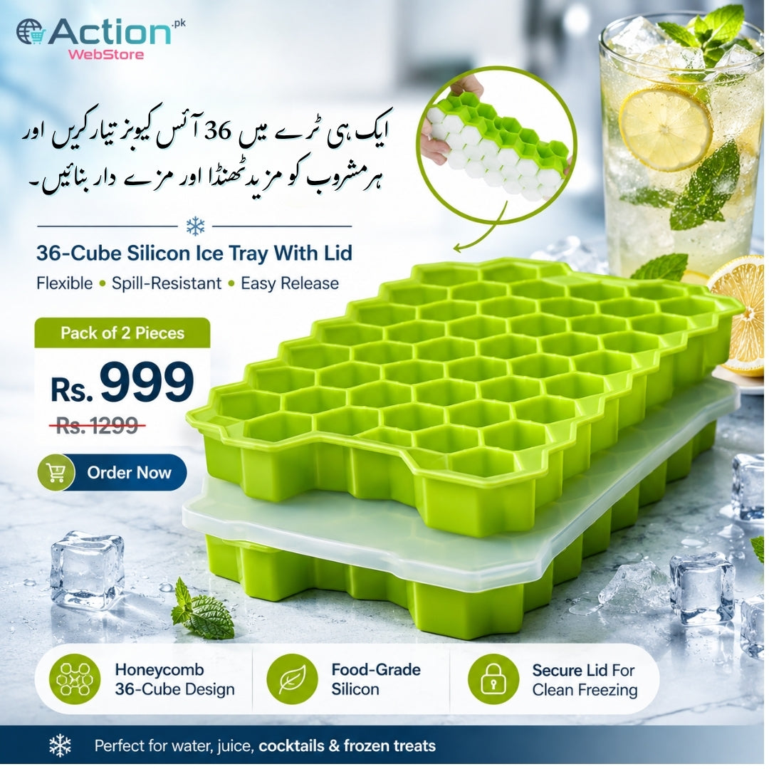 36-cube silicone ice cube tray with lid and honeycomb mold design