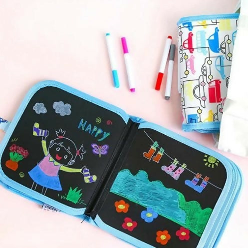 Erasable & Reusable Doodle Magic Blackboard Book with 3 Color Markers – Kids Drawing & Learning Activity Book (Random Color)