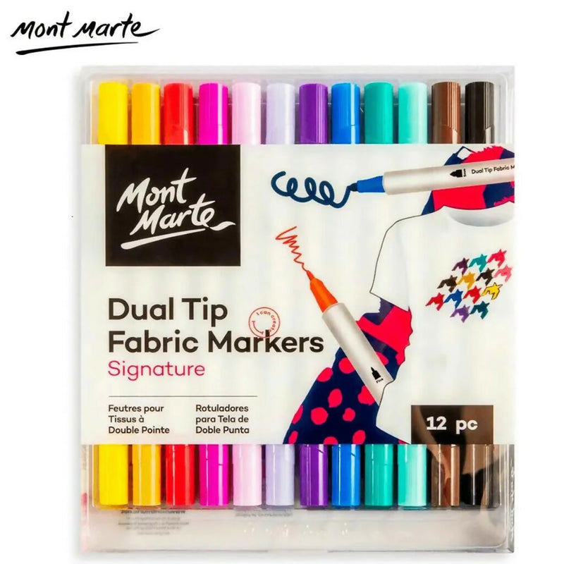 Mont Marte Signature Dual Tip Fabric Markers, 12 Colors, for Textile Art