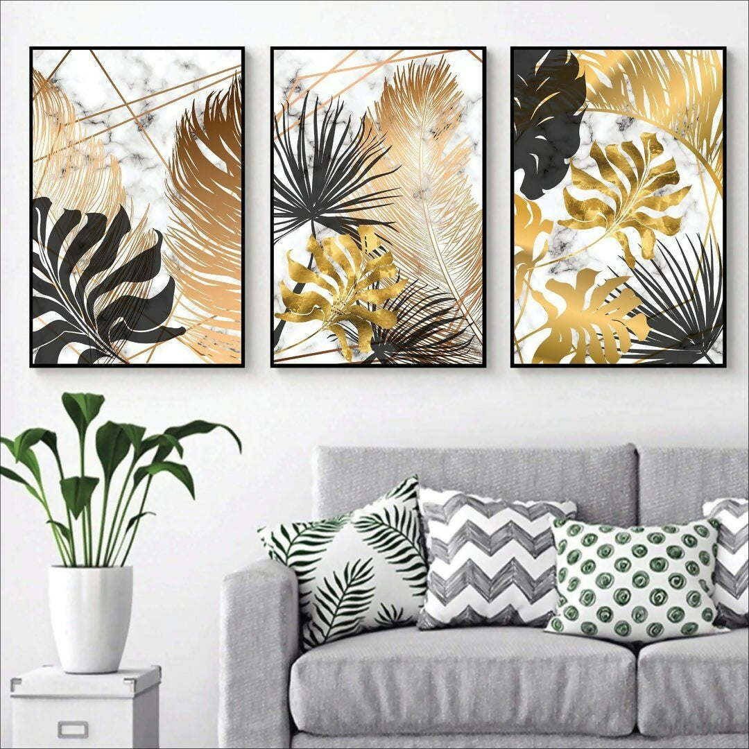 3pcs Black And Gold Leafs Design Stickytiles Frame Providing Elegant Artistic Pattern Stylish Look - 12*16