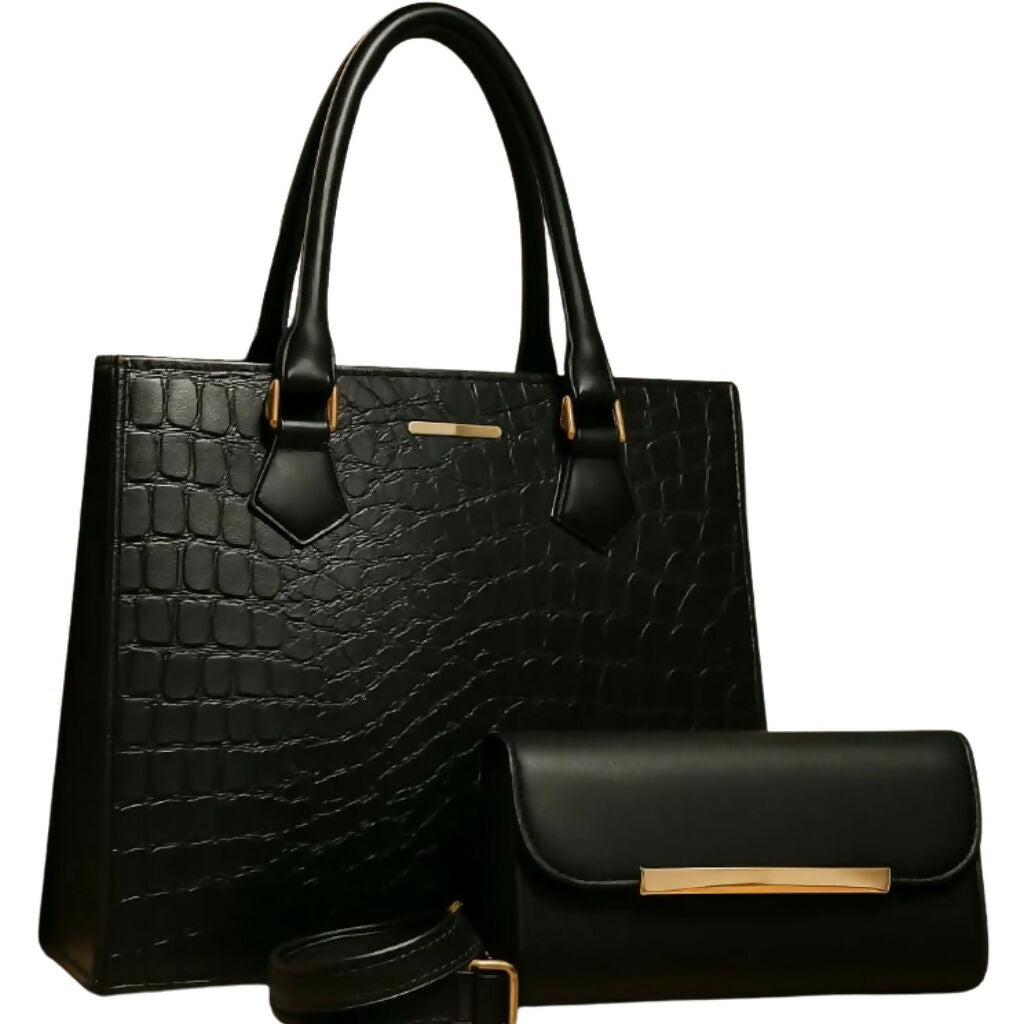 2-in-1 Subtle Textured PU Leather Bag Set, Tote & Clutch Combo, for Women