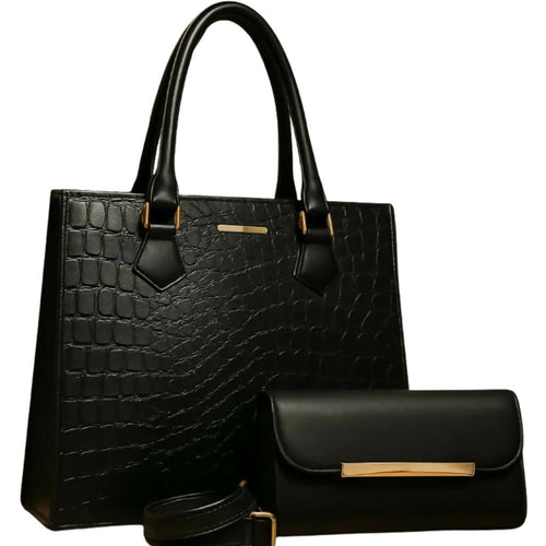 2-in-1 Subtle Textured PU Leather Bag Set, Tote & Clutch Combo, for Women