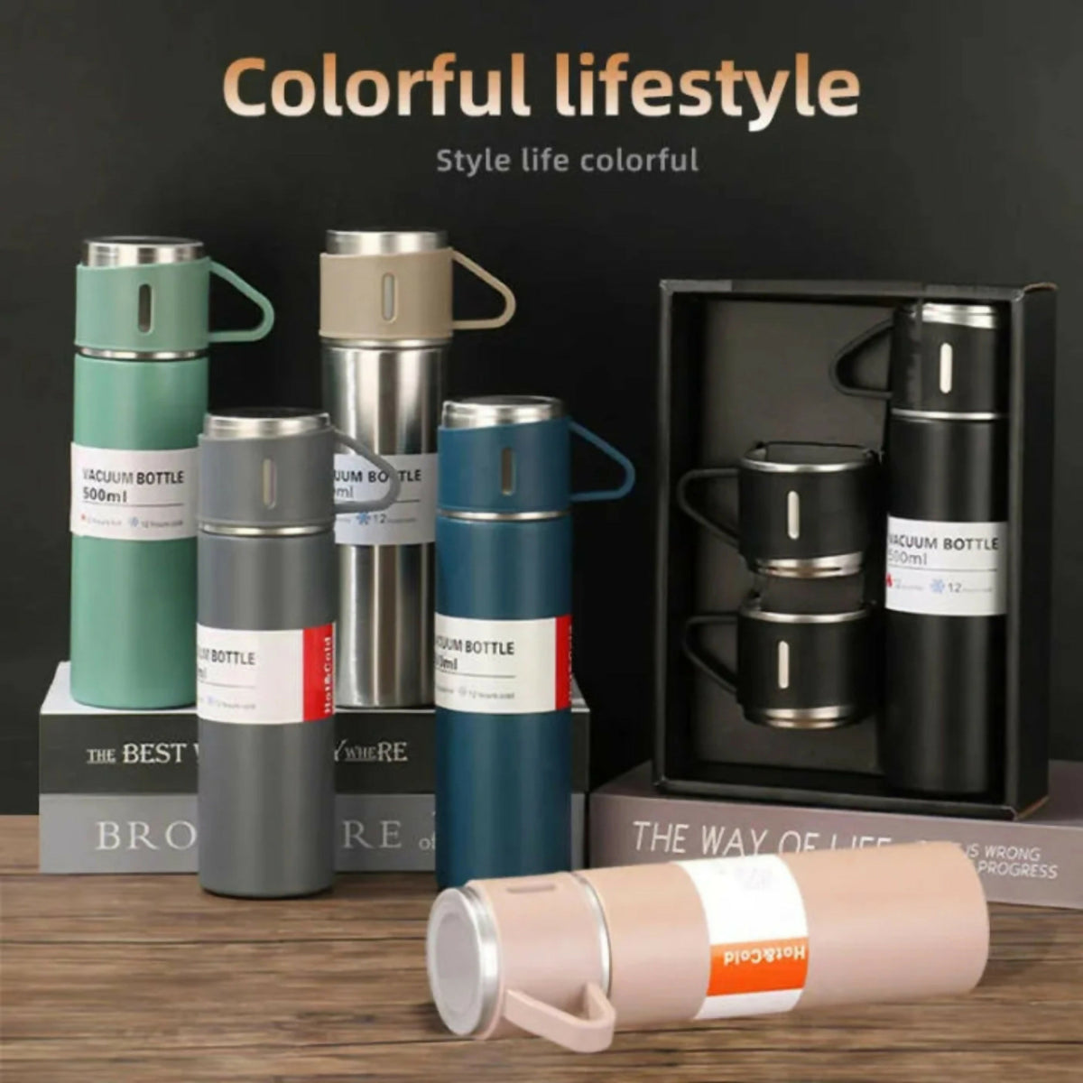3-Cup 500ml Double-Wall Stainless Steel Vacuum Flask Set – Hot & Cold Travel Thermos