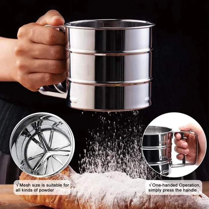 Stainless Steel Flour Sifter Is A Practical Kitchen Tool Designed For Baking And Cooking Tasks. It Is Made From Stainless Steel And Helps Sift Flour Smoothly For Better Mixing And Preparation. The Simple Design Makes It Easy To Use And Suitable For Regula