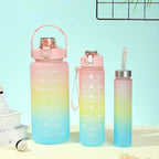 3-Piece Motivational Water Bottle Set with Time Markers & Straw – Leak-Proof, BPA-Free Frosted Gradient Ombre Jugs (2L, 900ml, and 300ml) for Fitness, Gym, and Outdoor Sports