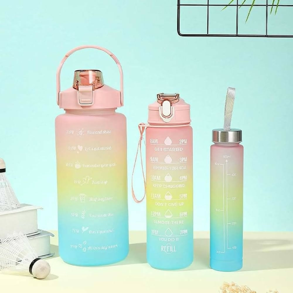 3-Piece Motivational Water Bottle Set with Time Markers & Straw – Leak-Proof, BPA-Free Frosted Gradient Ombre Jugs (2L, 900ml, and 300ml) for Fitness, Gym, and Outdoor Sports
