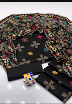Black Embroidered Cotton Suit For Women With Khaadi Net Dupatta