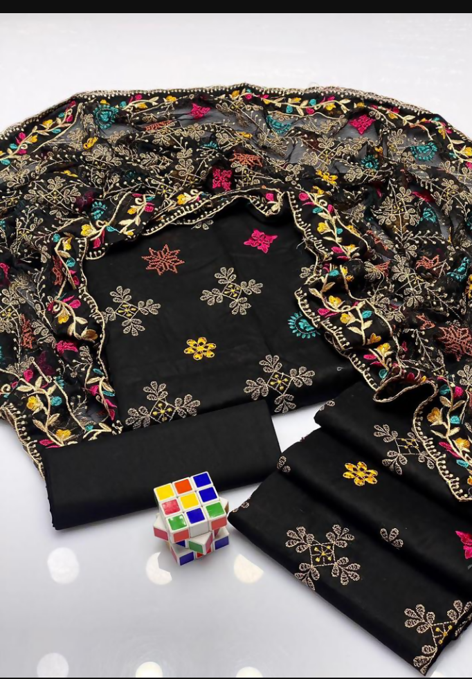 Black Embroidered Cotton Suit For Women With Khaadi Net Dupatta