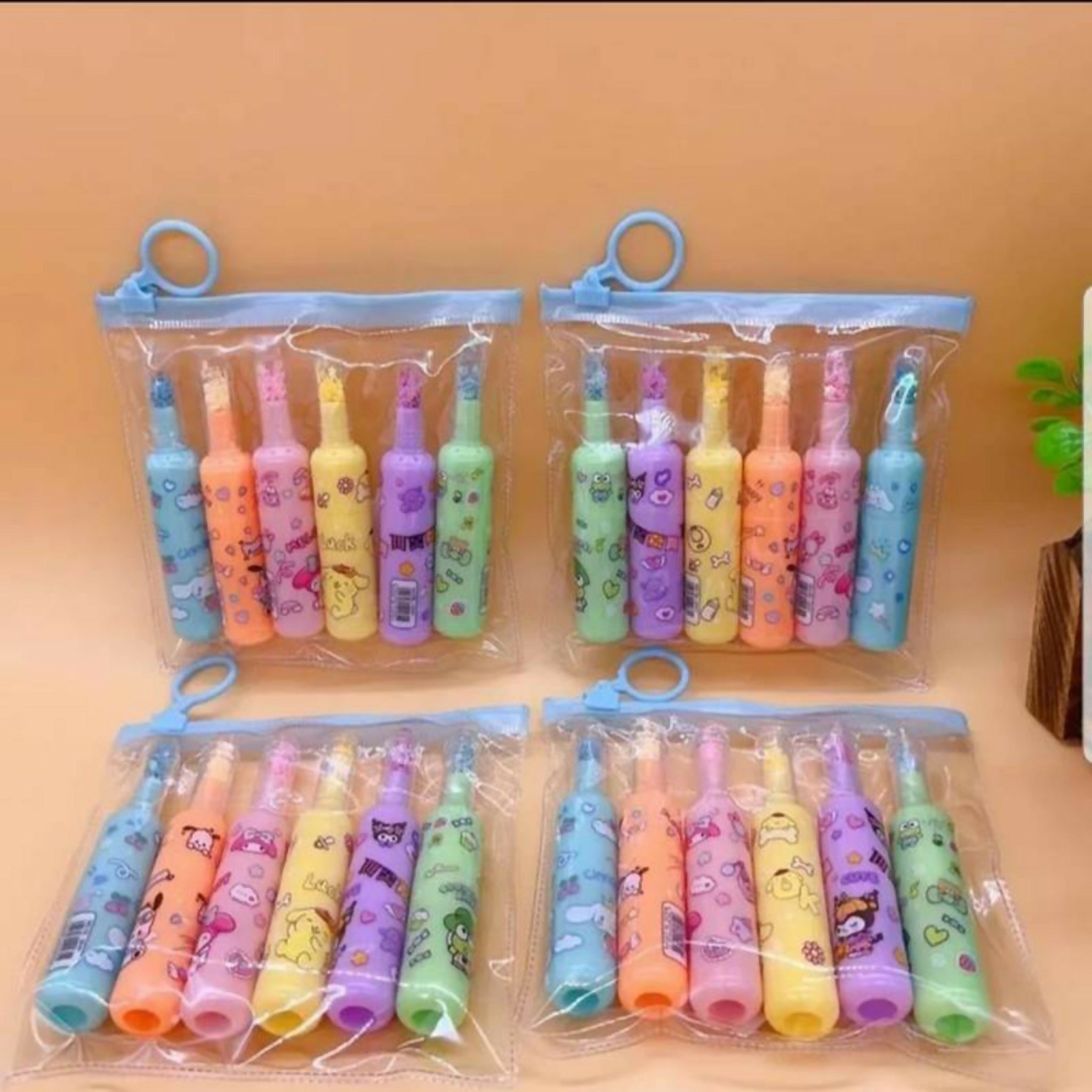 Pack of 6 Kromi Bottle Shaped Highlighters – Cute Character Stationery Set for Girls & Boys