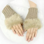 Women’s Faux Fur Fingerless Knitted Gloves | Warm Winter Hand Wrist Warmers | Soft, Stylish & Comfortable | Beige