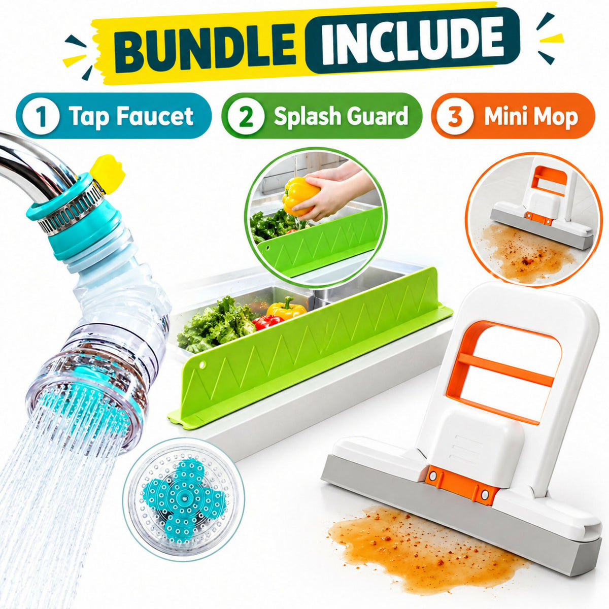 3-in-1 Kitchen Bundle – Faucet, Splash Guard & Mini Mop Set