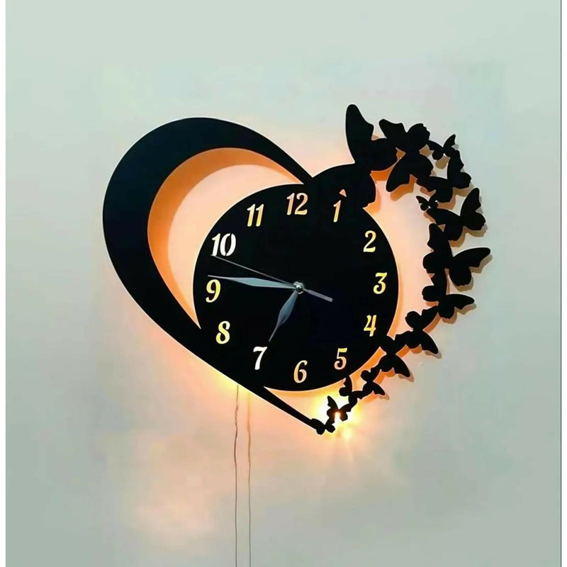 Heart & Butterfly Wall Clock Black Battery Operated