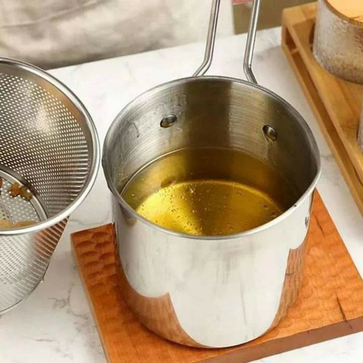 Stainless Steel Deep Fryer Pot with Strainer 1200ML | Heavy-Duty Oil Frying Pan for Kitchen