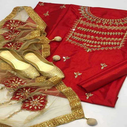 Unstitched Suit with Khussa, Red Mirror Work Shirt, Trouser & Khussa