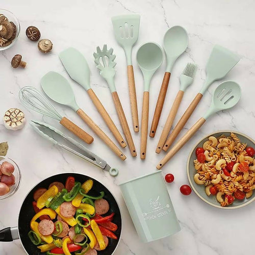 12 Pcs Silicone Cooking Utensils Kitchen Utensil Set | Heat Resistant Kitchen Non toxic Spatula Set with Turner Tongs,Spoon,Brush,Whisk-Wooden Handle – Random Color