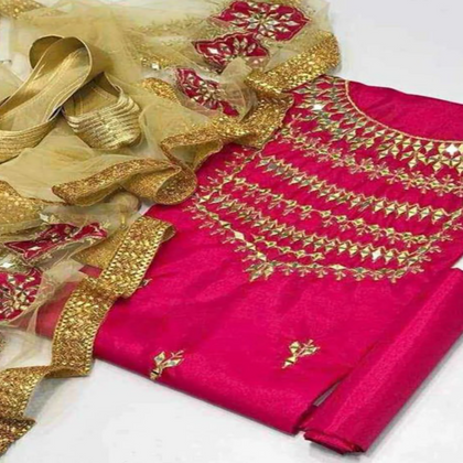 Unstitched Suit with Khussa, Elegant Qattan Silk Mirror Work Ensemble