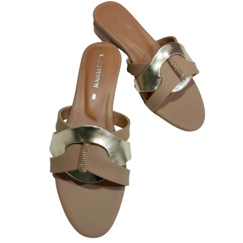 Women’s Tan & Gold Embellished Flat Sandals