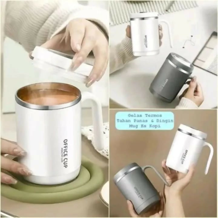 Office Cup: 500ml Double-Walled Stainless Steel Coffee Mug with Ergonomic Handle, Splash-Proof Lid, and Minimalist "Healthy Life" Aesthetic for Home & Workspace