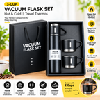 3-Cup 500ml Double-Wall Stainless Steel Vacuum Flask Set – Hot & Cold Travel Thermos