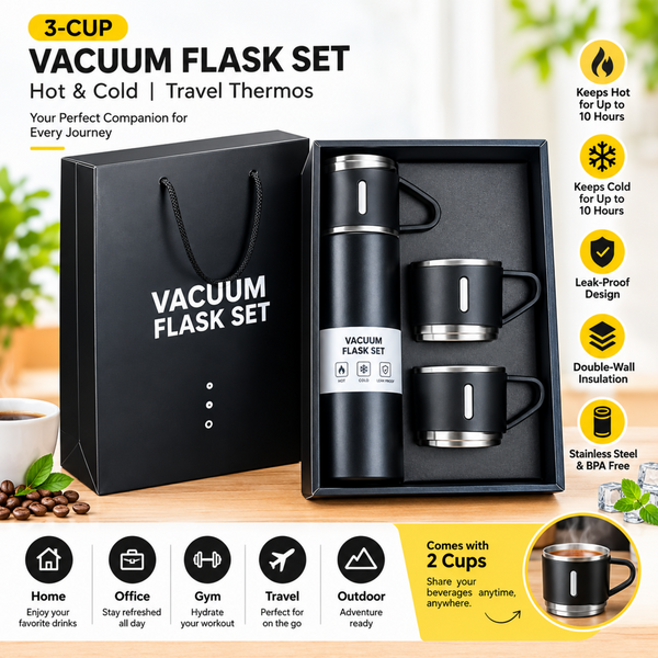 3-Cup 500ml Double-Wall Stainless Steel Vacuum Flask Set – Hot & Cold Travel Thermos
