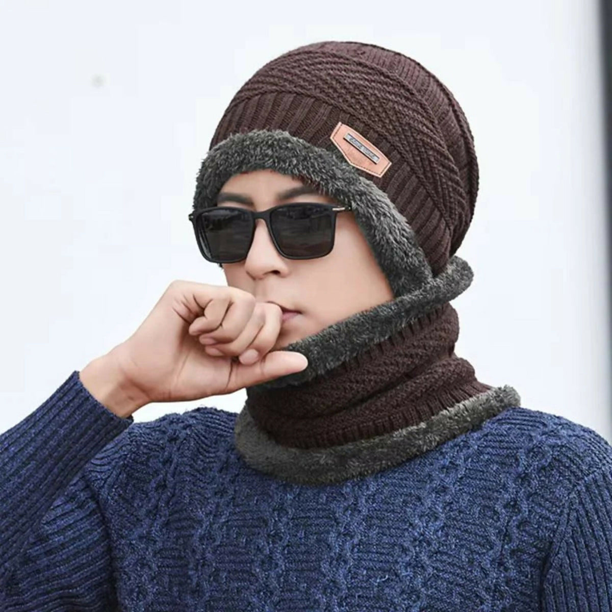 Winter Wool Cap with Neck Warmer Set | Thermal Beanie & Scarf Combo for Men and Women | Brown And Gray