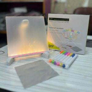 LED Light-Up Transparent Writing Board With 7 Marker | 15×15 cm Acrylic Pad with Stand | Colorful DIY Notes & Erasable Pens