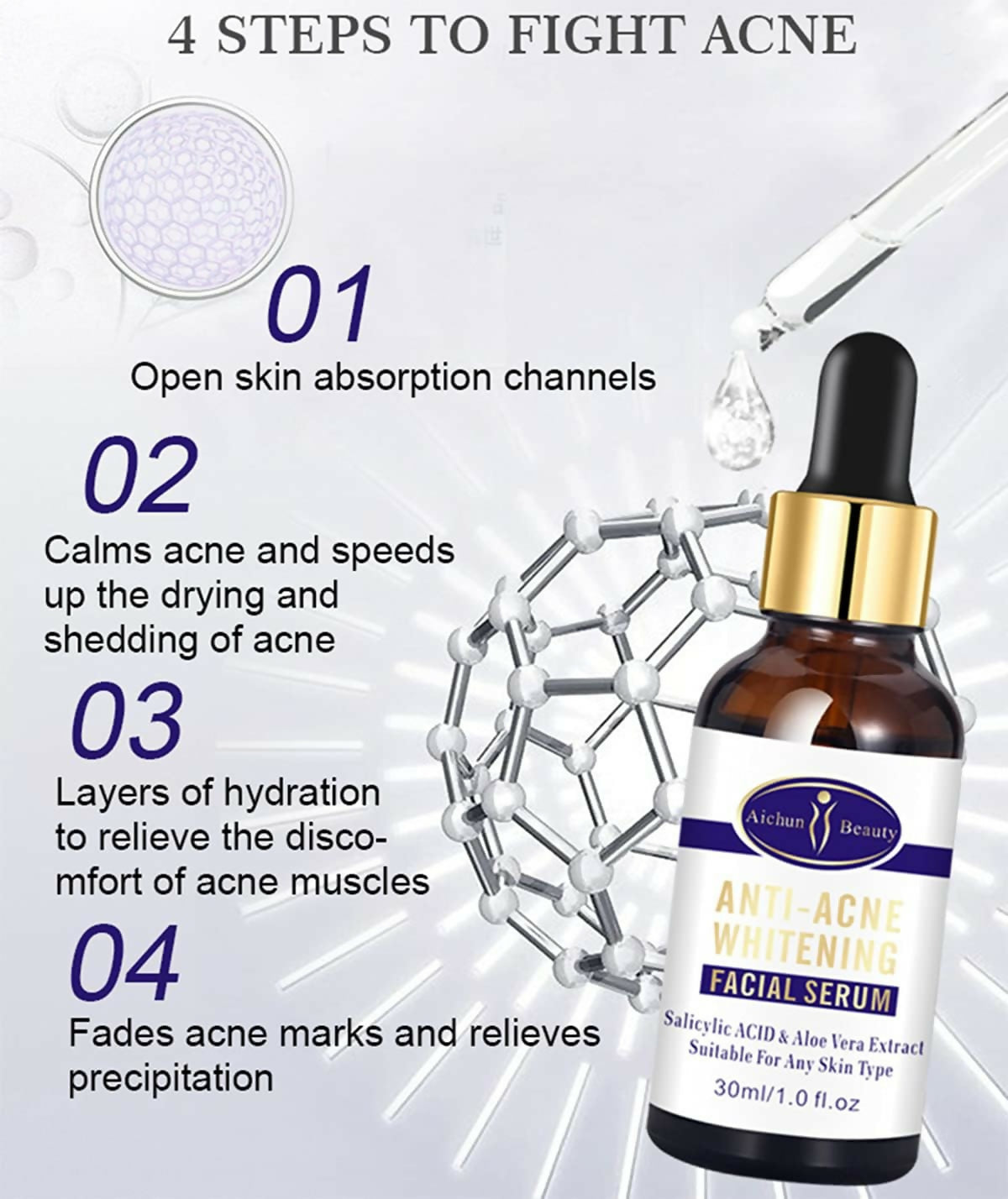 Aichun Beauty Anti - Acne Whitening Facial Serum Aloe Vera Extract Salicylic Acid Repairs Damaged Skin | 30ml