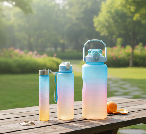 3-Piece Motivational Water Bottle Set with Time Markers & Straw – Leak-Proof, BPA-Free Frosted Gradient Ombre Jugs (2L, 900ml, and 300ml) for Fitness, Gym, and Outdoor Sports