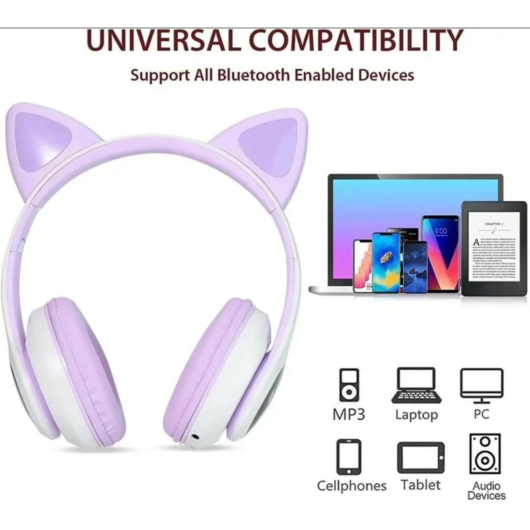 Cat Ear Wireless Bluetooth Headphones with RGB LED Lights & Built-in Mic – Stereo Bass Sound, Bluetooth & AUX Mode, Adjustable Over-Ear Headset for Kids, Teens & Girls