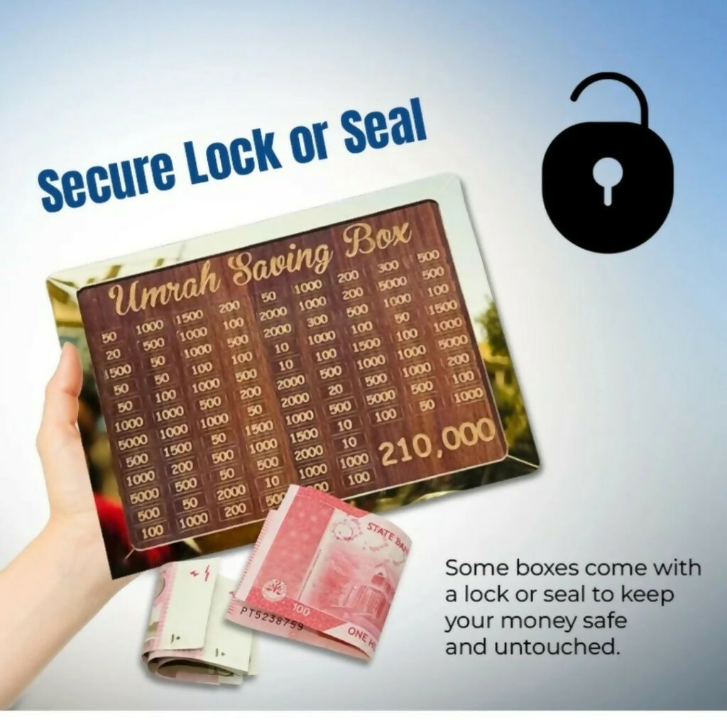 Umrah Saving Box, Premium Wooden Design, Lockable Money Box