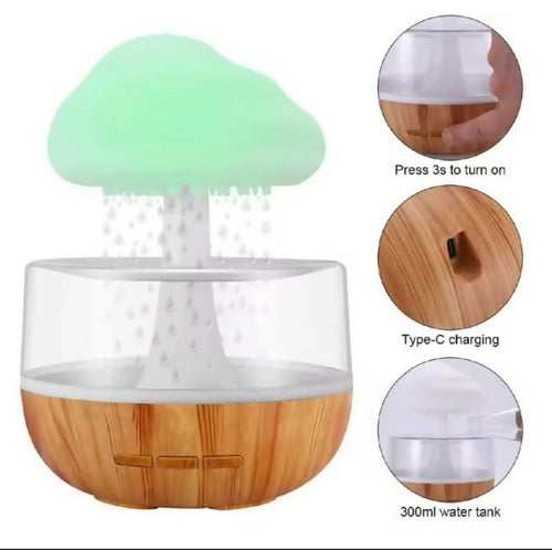 Rechargeable Cloud Rain Aroma Diffuser And LED Humidifier - Elegant Ambient Night Light With Realistic Raindrop Effect For Home And Office Decor