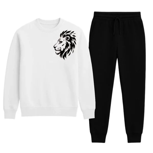 LION Printed White Tracksuit Sweatshirt & Trouser | Warm & Comfortable Winter Wear | XL, Large or Medium