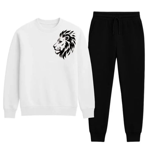 LION Printed White Tracksuit Sweatshirt & Trouser | Warm & Comfortable Winter Wear | XL, Large or Medium