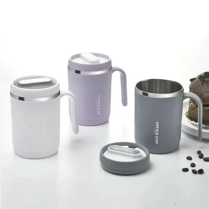 Office Cup: 500ml Double-Walled Stainless Steel Coffee Mug with Ergonomic Handle, Splash-Proof Lid, and Minimalist "Healthy Life" Aesthetic for Home & Workspace
