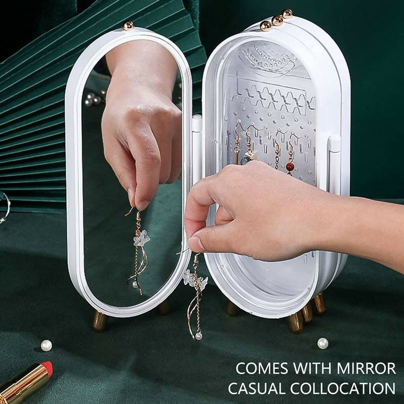 Jewellery Box Organiser with Mirror – Foldable Exquisite Dustproof Jewelry Storage Case Multi-Function Screen Shaped Metal Display Jewelry Stand for Earring – Necklace & Bracelet (Random Color)