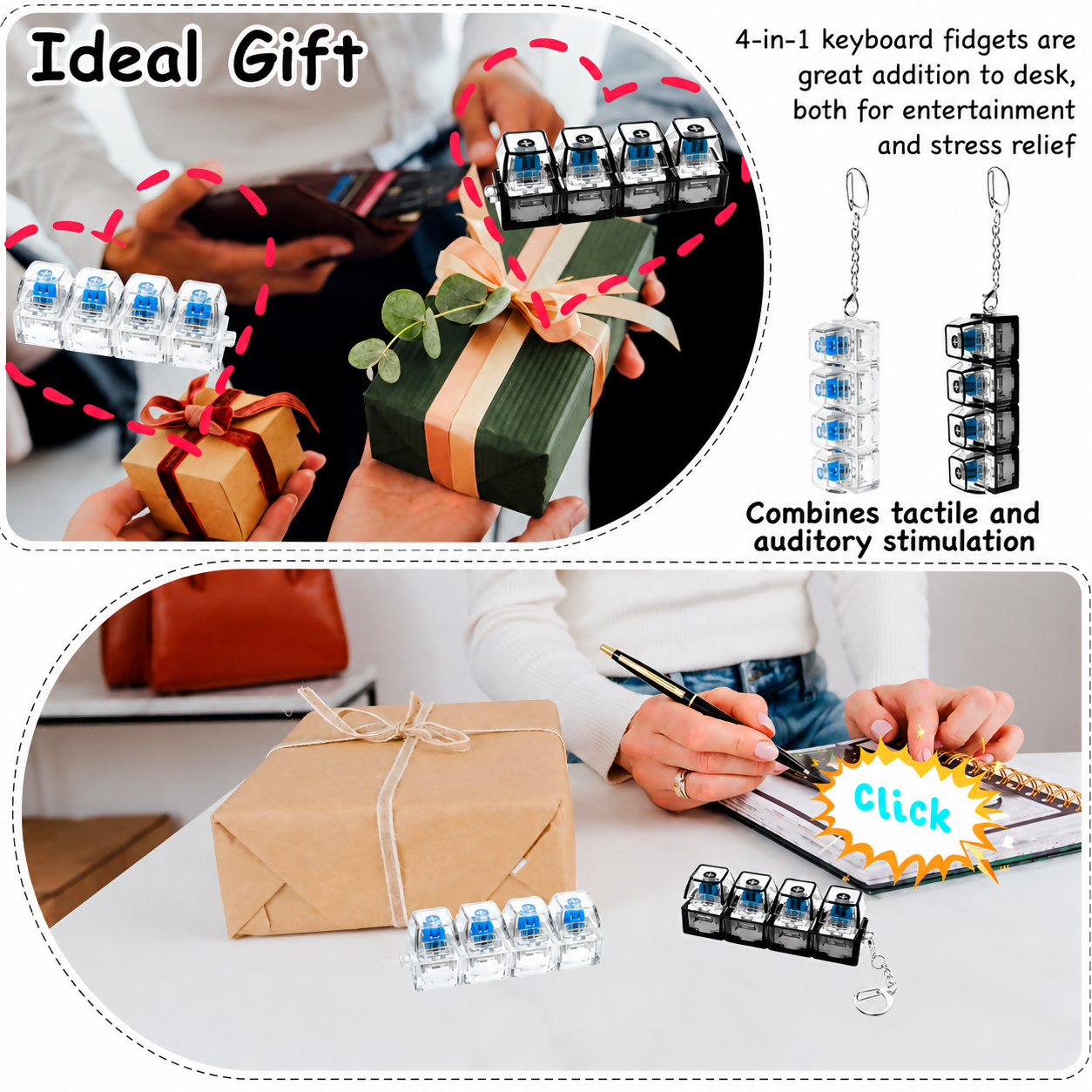4-Key Mechanical Keyboard Clicker Keychain | Portable Mechanical Switch Fidget Toy | Stress Relief Finger Clicker | Tactile Keyboard Keychain with light | Random Color