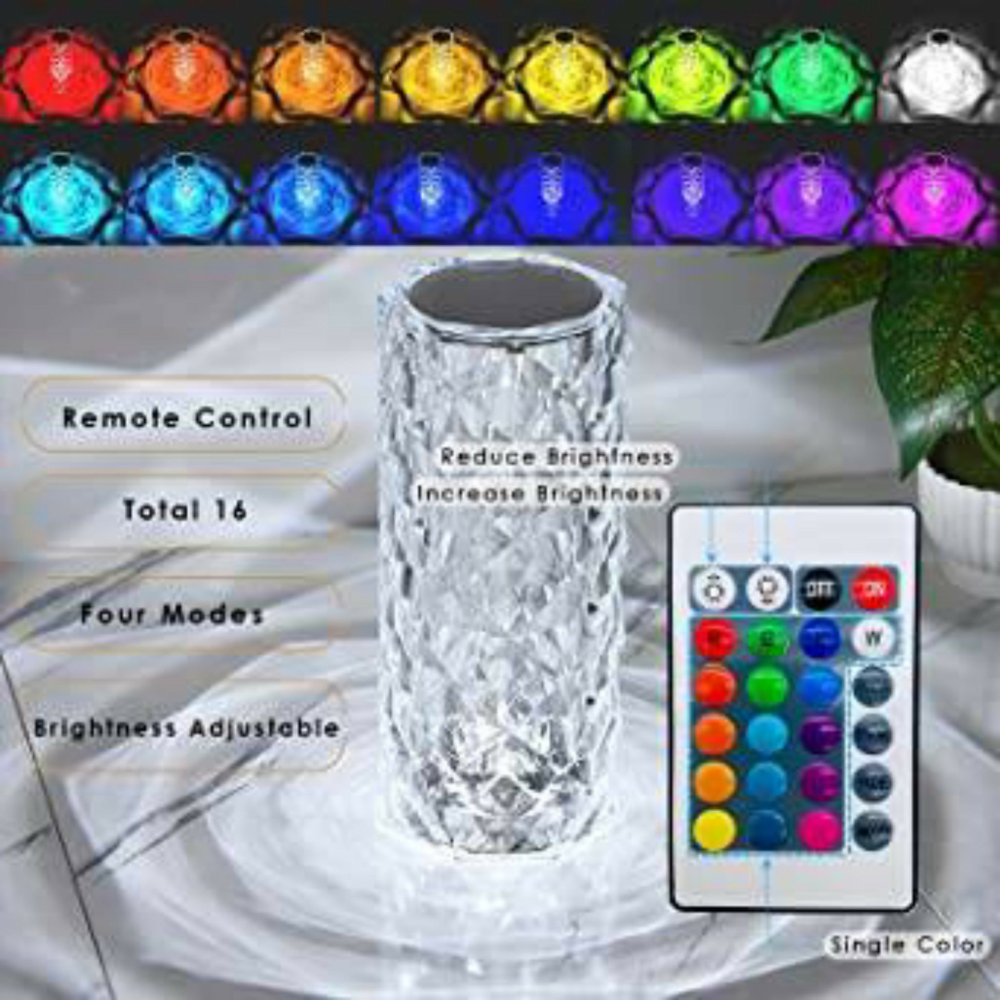 Rose Diamond Crystal Table Lamp – 16 Color RGB Touch Sensor LED Light with Remote & USB Charging
